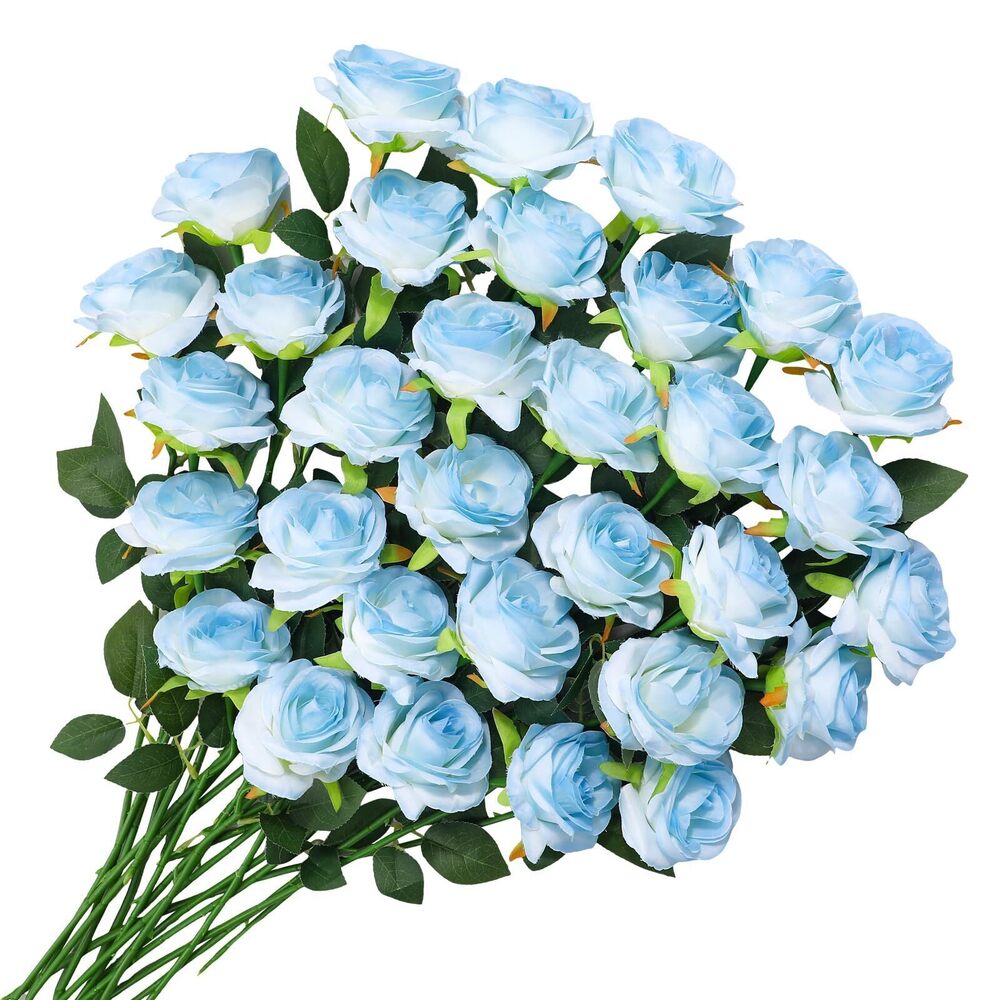 3402 68 Pcs Ice Blue Artificial Roses Flowers,Silk Flowers with Stems